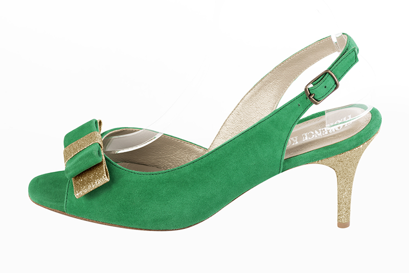 Emerald green women's slingback sandals. Square toe. High slim heel. Profile view - Florence KOOIJMAN